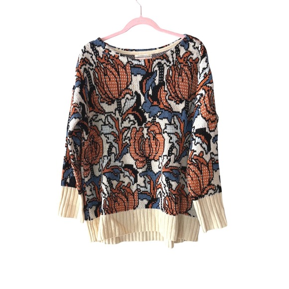 Anthropologie Eris Floral Sweater in Blue Lambswool Cashmere Medium Oversized - Picture 2 of 10